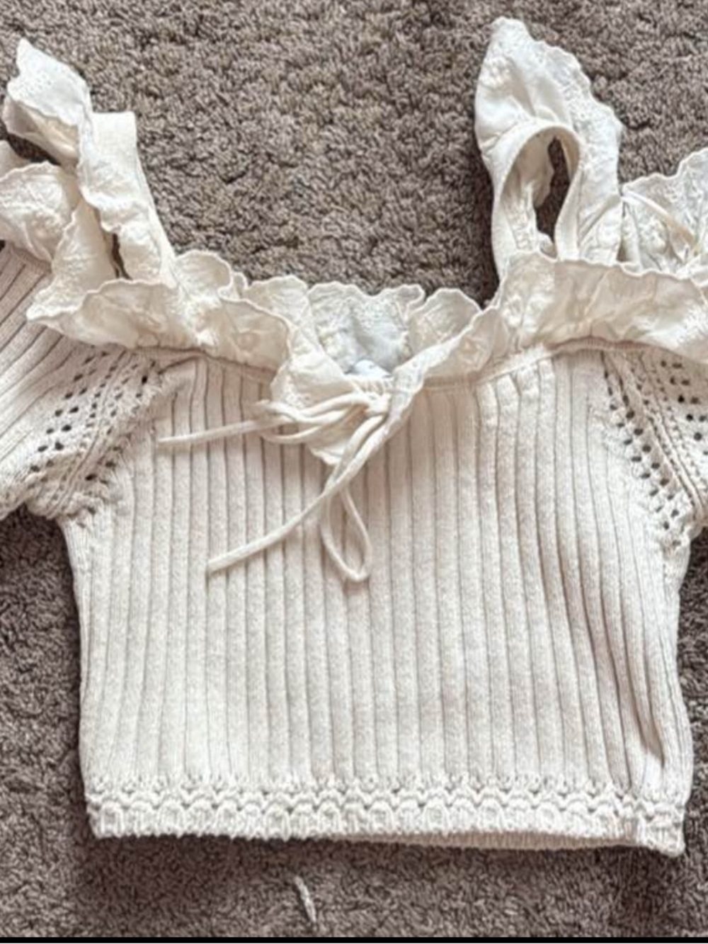 Zara Cream Ribbed Lace-Trim Cropped Top